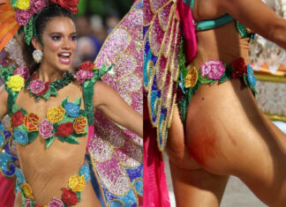 Alane Dias, rival de Isabelle, se machuca no bumbum em desfile da Grande Rio