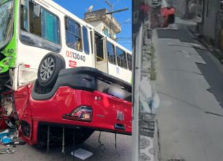 Colisão entre ônibus e Fiat Strada no Aleixo provoca acidente com capotamento; assista!