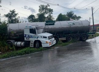 Carreta perde o controle e invade área de mata na Avenida Cosme Ferreira em Manaus