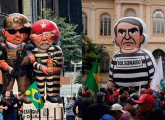 Bonecos infláveis de Lula e Bolsonaro aparecem vestidos de presidiários nas manifestações