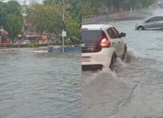 Temporal deixa Avenida Brasil, na Compensa, tomada pela água nesta terça-feira