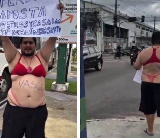 Influenciador chama atenção em Manaus ao pagar promessa de calcinha e sutiã após derrota do Flamengo