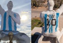 Estátua de 26 metros de Messi vira palco de celebração após Argentina chegar à final da Copa