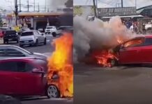 Carro pega fogo e fica completamente destruíd0 na Bola do Produtor, em Manaus
