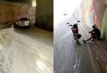 Motociclista sofre queda após grande quantidade de tinta tomar conta de túnel em Manaus