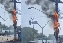 Poste pega fogo e causa apreensão na Avenida Cosme Ferreira