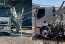 Caminhão enrosca em fiação, derruba poste com transformador e deixa área sem energia em Manaus