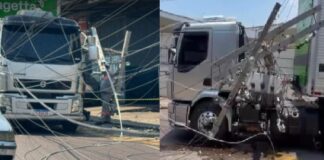 Caminhão enrosca em fiação, derruba poste com transformador e deixa área sem energia em Manaus